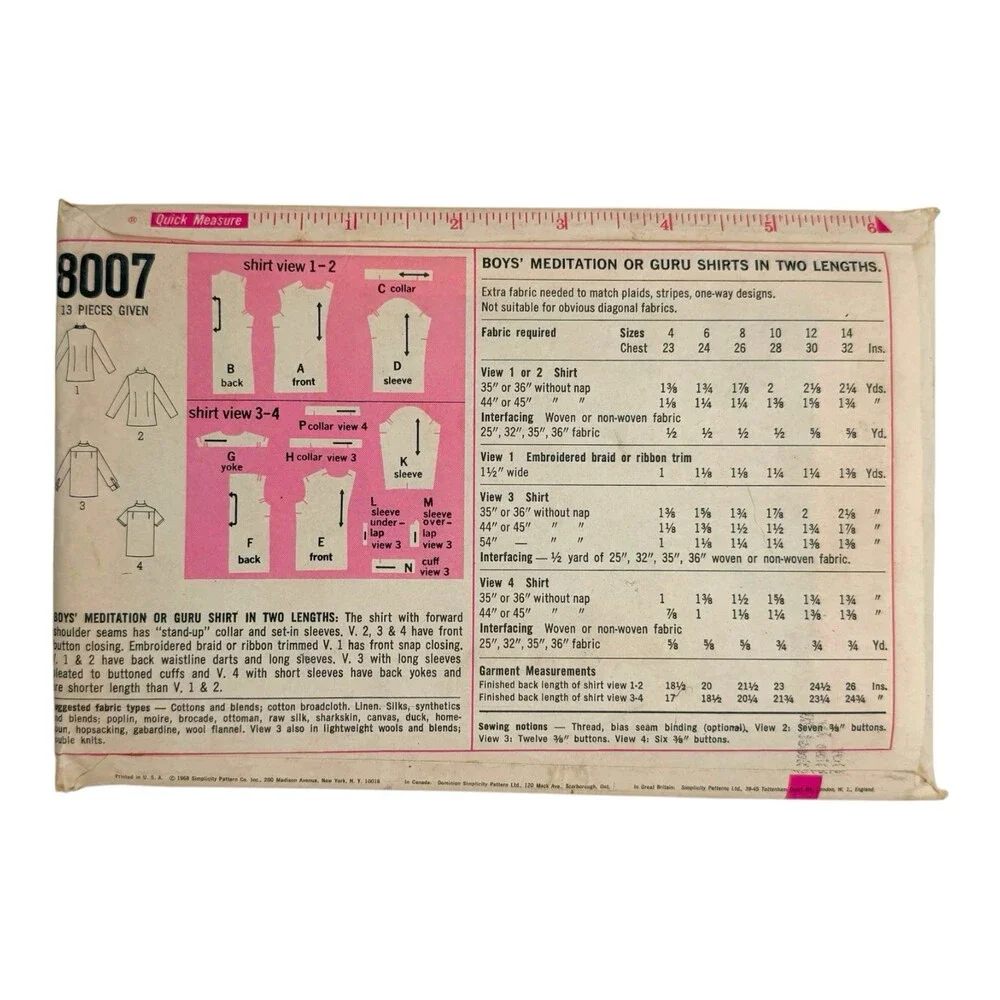 VTG 1968 Simplicity Sewing Pattern Boys Meditation Guru Shirt 2-Lengths 10 #8007